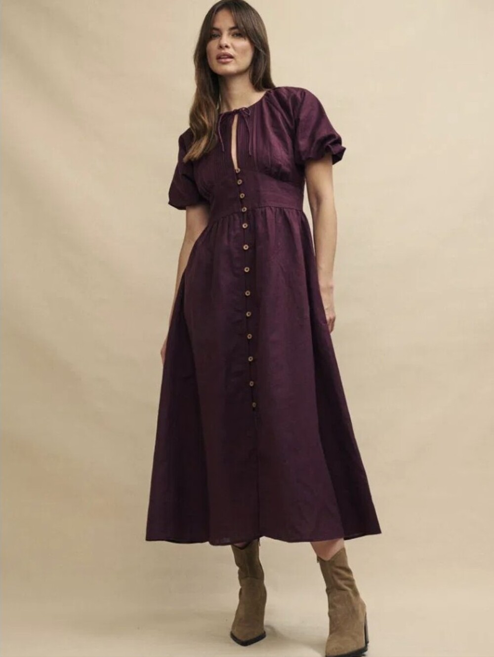Nobody's Child Puff Sleeve Button Up Isabella Midaxi Purple Linen Dress Size 12